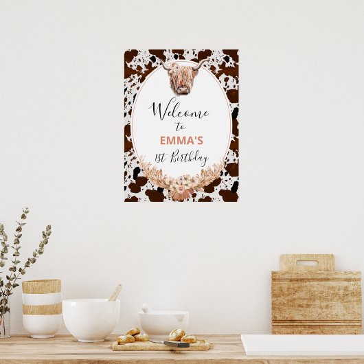 Floral Boho Highland Koe Birthday Welkom Poster (Keuken)