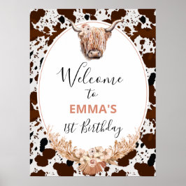 Floral Boho Highland Koe Birthday Welkom Poster