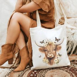 Floral Boho Highland Koe vlinder grillig Tote Bag