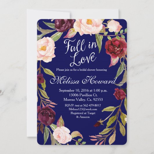 Floral Boho Navy Blue Bridal - douche Kaart (Voorkant)