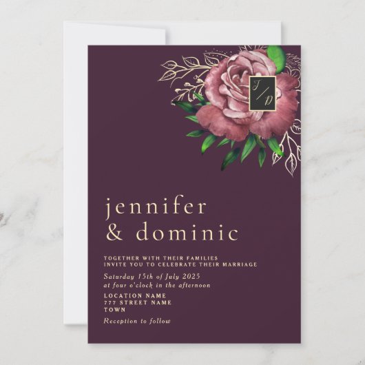 Floral Boho Paarse Wedding Uitnodiging (Voorkant)