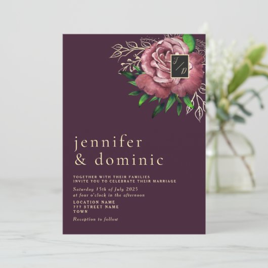 Floral Boho Paarse Wedding Uitnodiging (Staand voorkant)