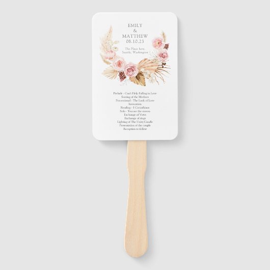 Floral Boho Pampas Grass Waterverf Trouwfan Handwaaier (Voorkant)