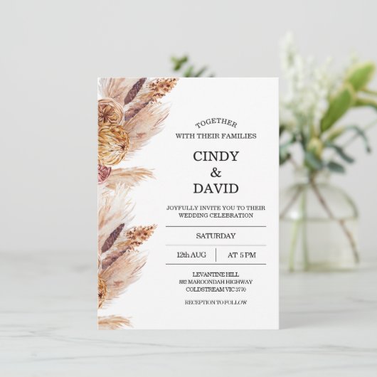 Floral Boho Pampas Grass Wedding Kaart (Staand voorkant)
