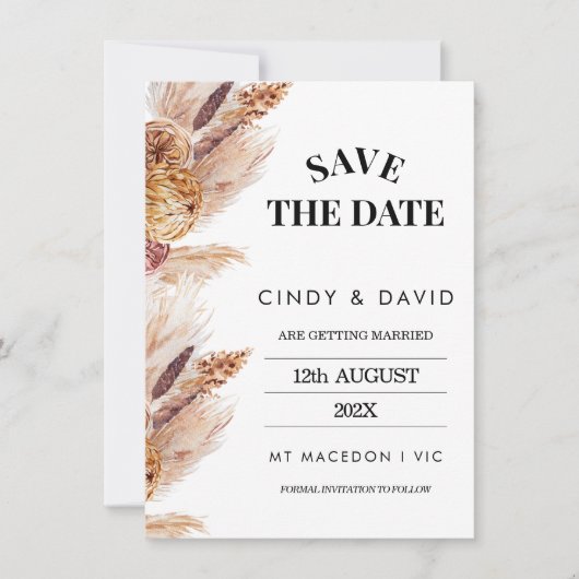 Floral Boho Pampas grass Wedding Save the Date Inv Kaart (Voorkant)