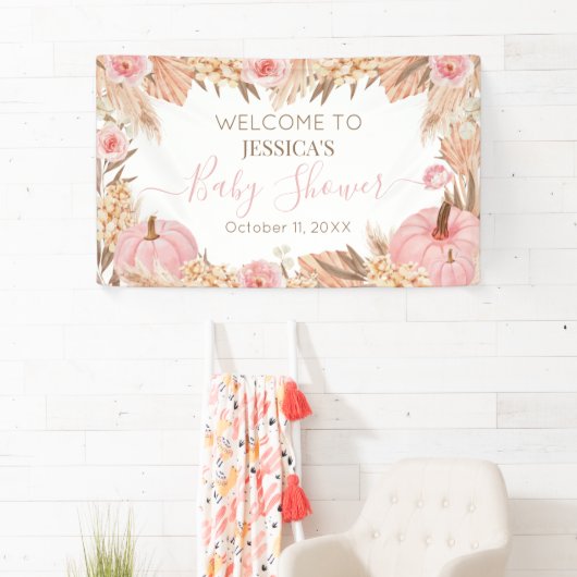 Floral Boho Pampas Pink Pumpkin baby shower  Spandoek (Insitu)