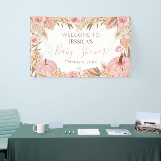 Floral Boho Pampas Pink Pumpkin baby shower  Spandoek (Beurs)