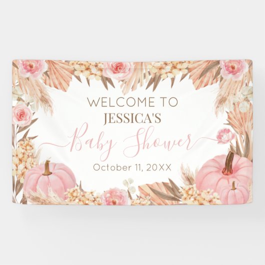 Floral Boho Pampas Pink Pumpkin baby shower  Spandoek (Horizontaal)