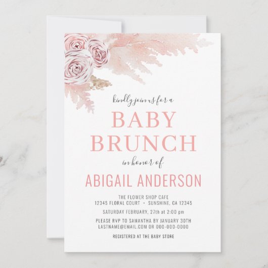 Floral Boho Pampas Waterverf Baby Brunch Invitat Kaart (Voorkant)