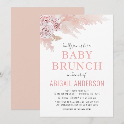 Floral Boho Pampas Waterverf Baby Brunch Invitat Kaart (Voorkant / Achterkant)