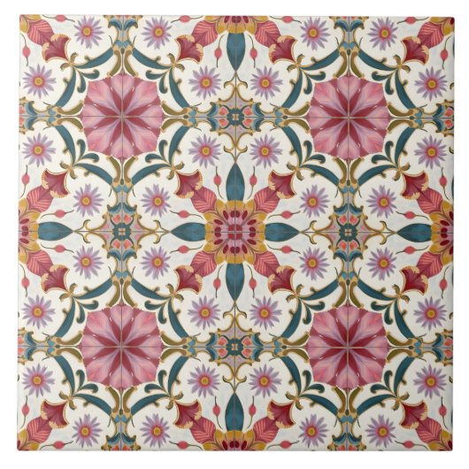 Floral Boho Pattern in Red, Pink & Teal Tegeltje (Voorkant)