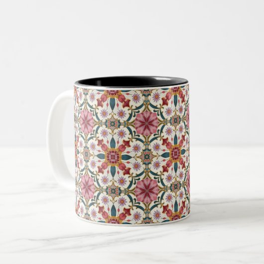 Floral Boho Pattern in Red, Pink & Teal Tweekleurige Koffiemok (Voorkant links)