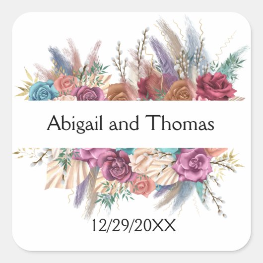 Floral Boho Personalized Trendy Wedding Vierkante Sticker (Voorkant)