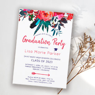 Floral boho red marvy blue bouquet graduparty kaart
