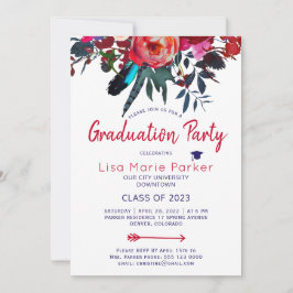 Floral boho red navy PHOTO graduation party Kaart