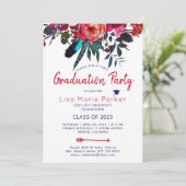 Floral boho red navy PHOTO graduation party Kaart (Staand voorkant)