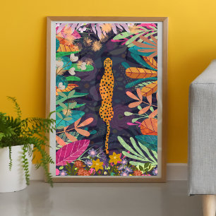 floral boho retro Oerwoud Leopard geel multicolor Poster