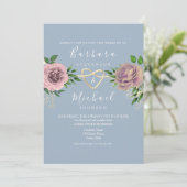 Floral Boho Roze en stoffige blauwe bruiloft Kaart (Staand voorkant)