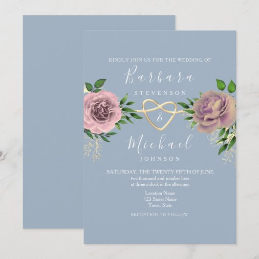 Floral Boho Roze en stoffige blauwe bruiloft Kaart (Voorkant / Achterkant)