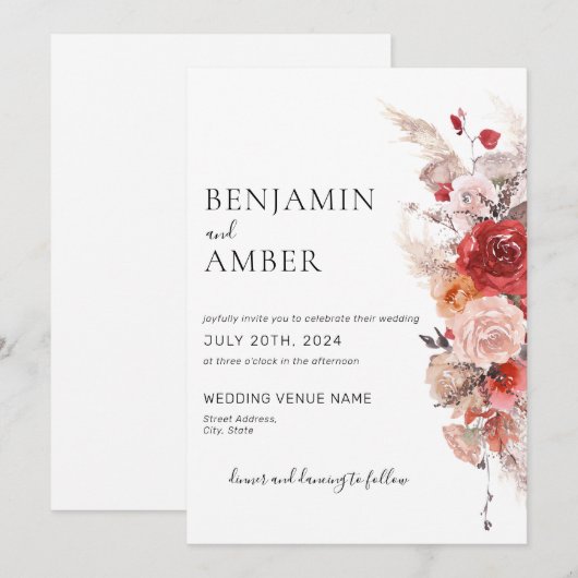 Floral Boho Rust Burnt Oranje Burgundy Wedding Kaart (Voorkant / Achterkant)