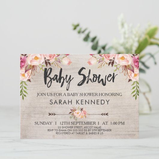 Floral Boho Rustic Baby shower Invitation Kaart (Staand voorkant)