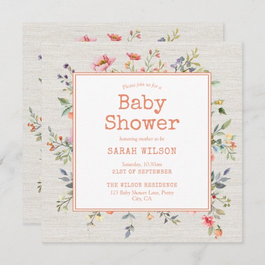 Floral Boho Rustic Botanical Square Baby shower Kaart (Voorkant / Achterkant)