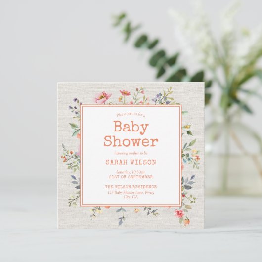 Floral Boho Rustic Botanical Square Baby shower Kaart (Staand voorkant)