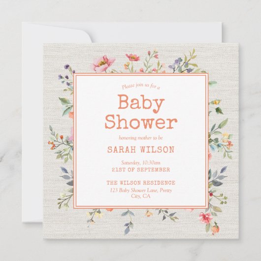Floral Boho Rustic Botanical Square Baby shower Kaart (Voorkant)