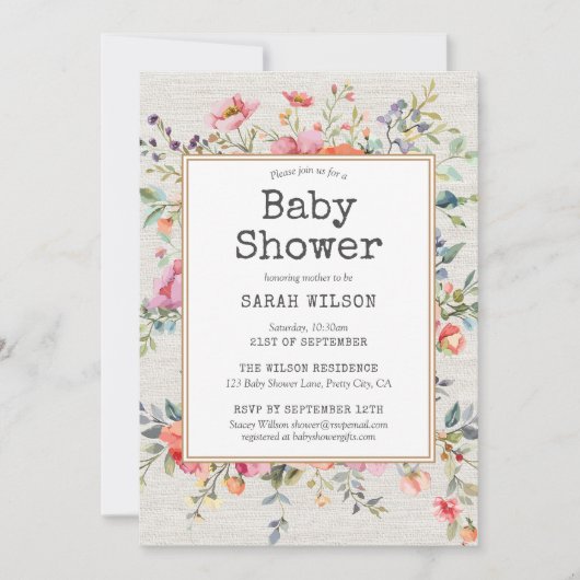 Floral Boho Rustic Chic Botanical Baby shower Kaart (Voorkant)