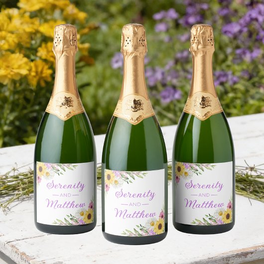 Floral Boho Sunflower Daisy Bridal Shower Sparkling Wijnetiket