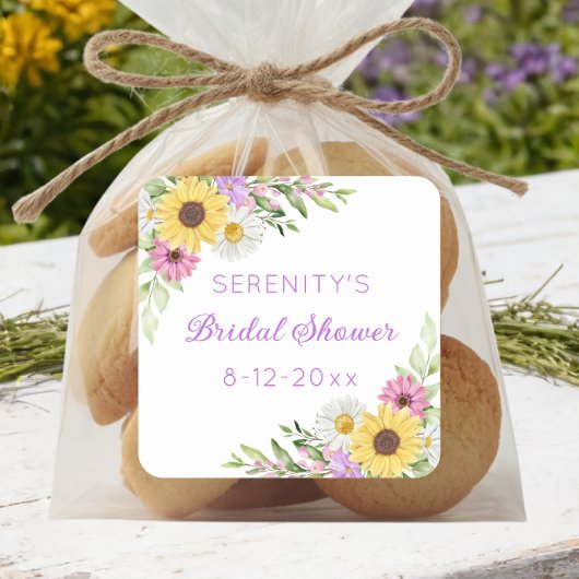 Floral Boho Sunflower Daisy Bridal Shower Vierkante Sticker