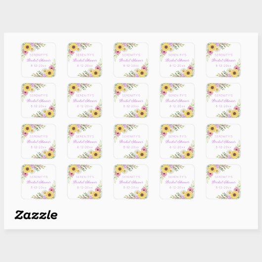 Floral Boho Sunflower Daisy Bridal Shower Vierkante Sticker (Vel)