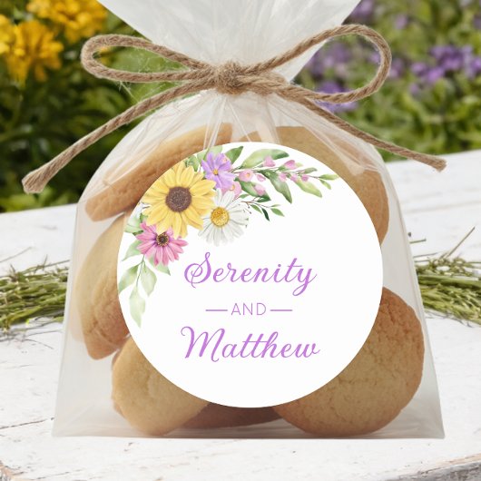 Floral Boho Sunflower Daisy Garden Wedding Ronde Sticker