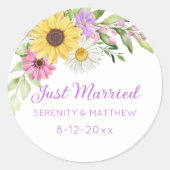 Floral Boho Sunflower Daisy Wedding Just Married Ronde Sticker (Voorkant)