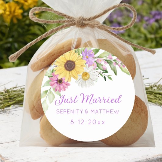 Floral Boho Sunflower Daisy Wedding Just Married Ronde Sticker