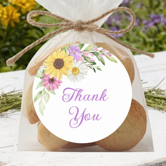 Floral Boho Sunflower Daisy Wedding Thank You Ronde Sticker