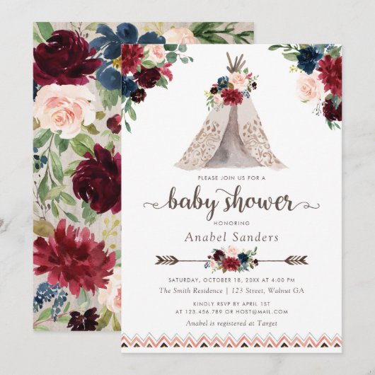 Floral Boho Teepee Navy Arrows Tribal Baby shower Kaart (Voorkant / Achterkant)