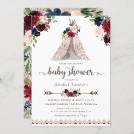 Floral Boho Teepee Navy Arrows Tribal Baby shower Kaart