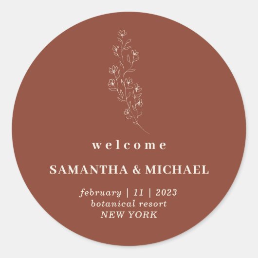 Floral Boho Terracotta Indie Welkom bij bruiloft Ronde Sticker (Voorkant)