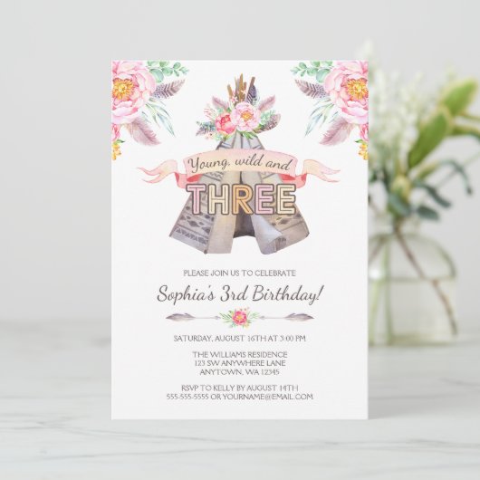 Floral Boho Tribal Teepee Young Wild 3e verjaardag Kaart (Staand voorkant)