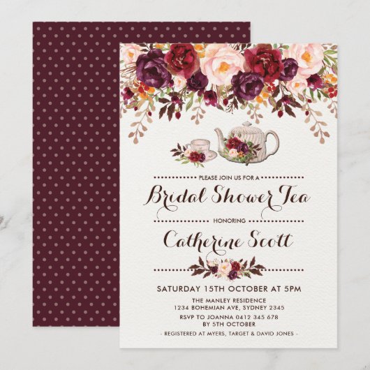 Floral Boho Vrijgezellenfeest Tea Party Invitation Kaart (Voorkant / Achterkant)