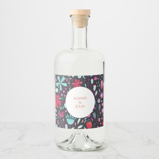 Floral Boho Waterverf Donkere bruiloft Likeurfles Etiket (Voorkant)