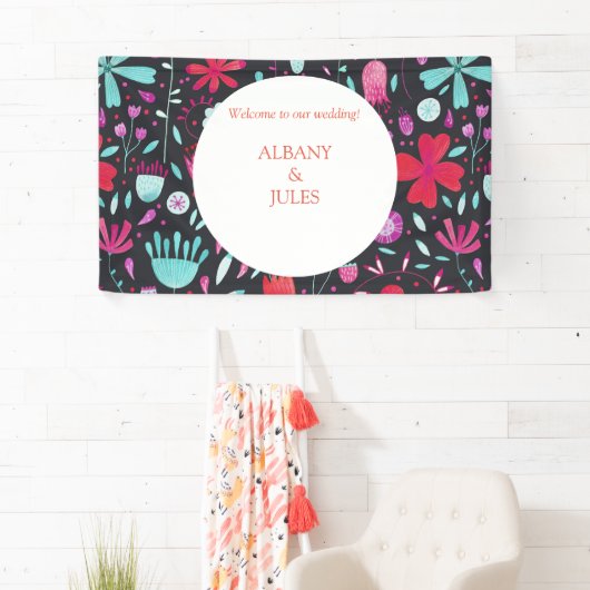 Floral Boho Waterverf Donkere bruiloft Spandoek (Insitu)