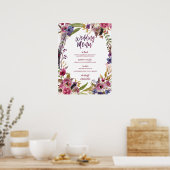 Floral Boho Waterverf Wedding Menu Sign Poster (Keuken)