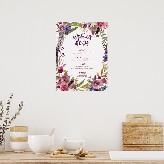 Floral Boho Waterverf Wedding Menu Sign Poster (Keuken)