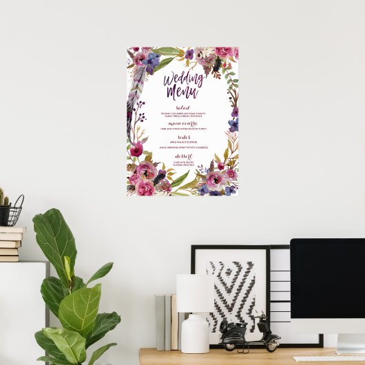 Floral Boho Waterverf Wedding Menu Sign Poster (Thuiskantoor)