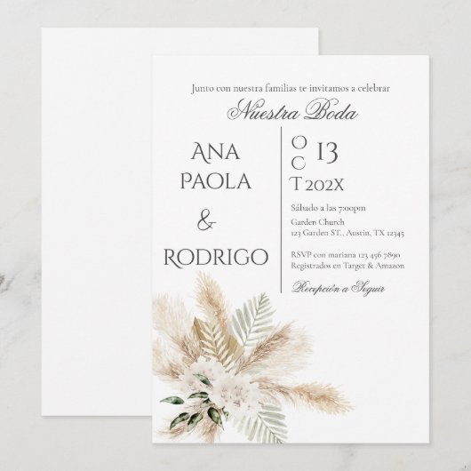 Floral Boho Wedding invitation Invitación Kaart (Voorkant / Achterkant)