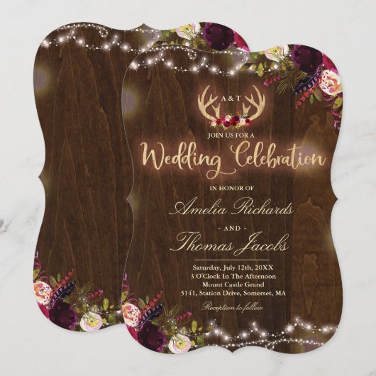 Floral Boho Wedding Invitation Rustic Antler Kaart (Voorkant / Achterkant)