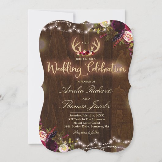 Floral Boho Wedding Invitation Rustic Antler Kaart (Voorkant)