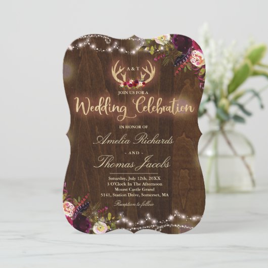 Floral Boho Wedding Invitation Rustic Antler Kaart (Staand voorkant)